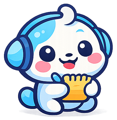 Mascote do Nyloo segurando uma caneca, de fones de ouvido